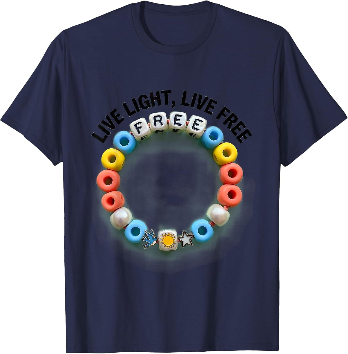 Live Light Live Free Inspirational Design T-Shirt - Navy Blue