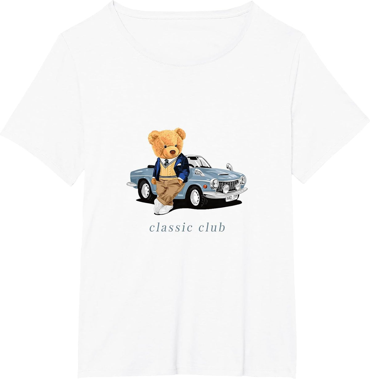Enjoy Cool Teddy Bear with Classic Car Graphic Designs Fun T-Shirt - White