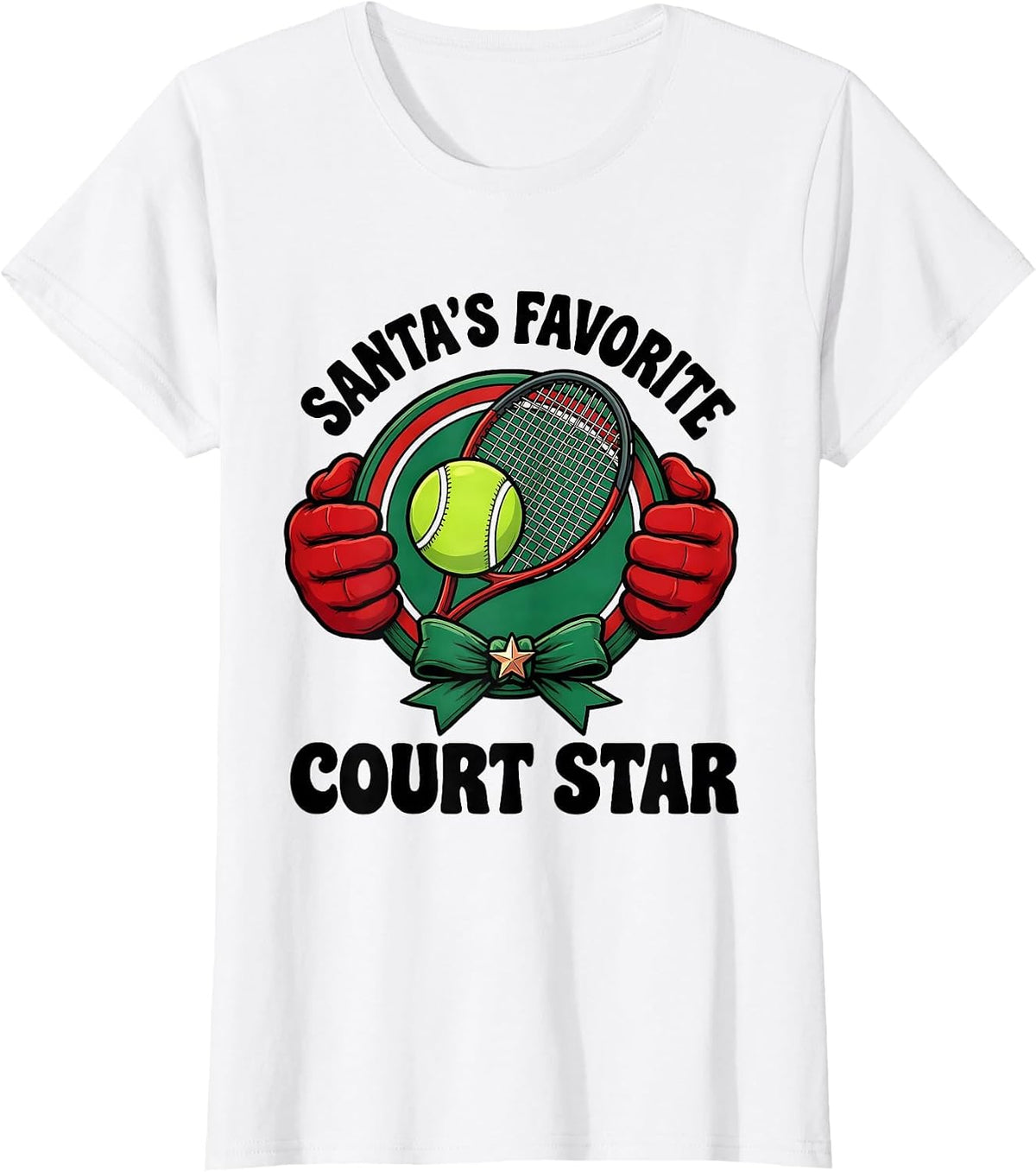 Women's Santa's Favorite Court Star Funny Christmas Tennis Player T-Shirt - White