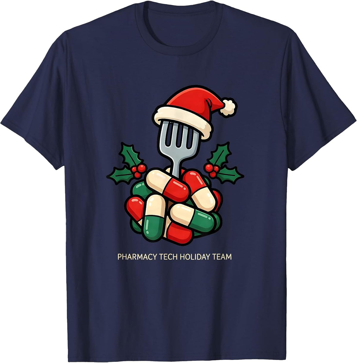 Men's Pharmacy Tech Holiday Team Funny Cartoon Christmas Squad T-Shirt - Navy Blue