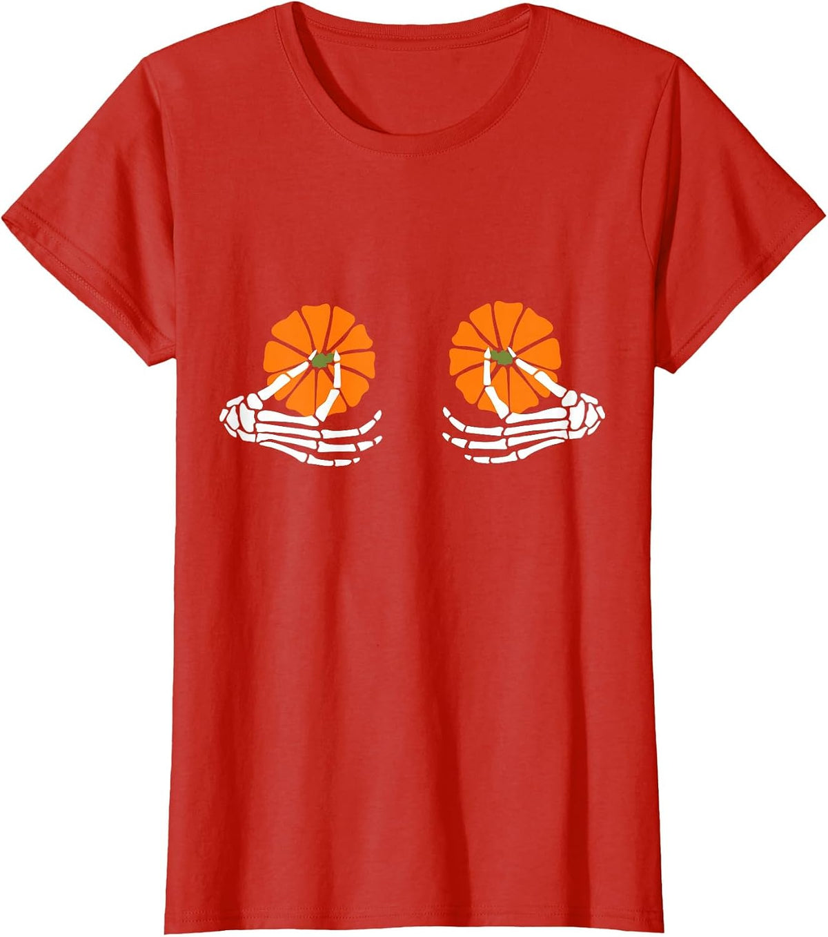 Breasts Pumpkin Skeleton Hand Halloween T-Shirt - Red