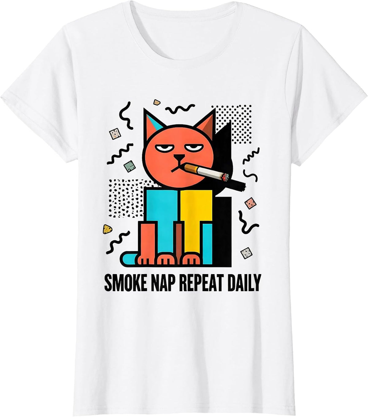 Women's Cat Smoking Cigarette Smoke Nap Repeat Daily T-Shirt - White