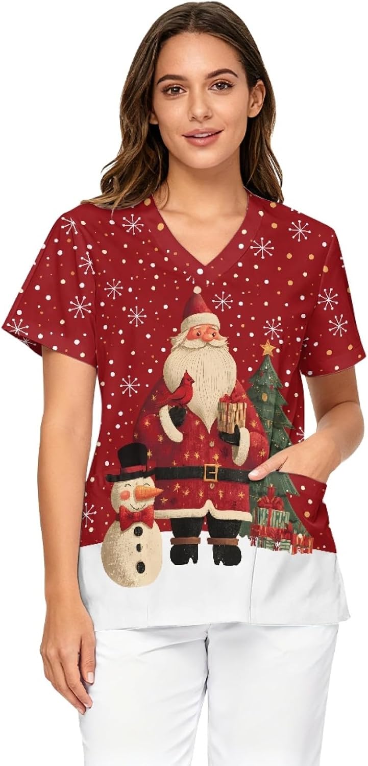 Women Scrub Tops,Short Sleeve V-Neck Medical Nursing Uniforms - Christmas Elements Print