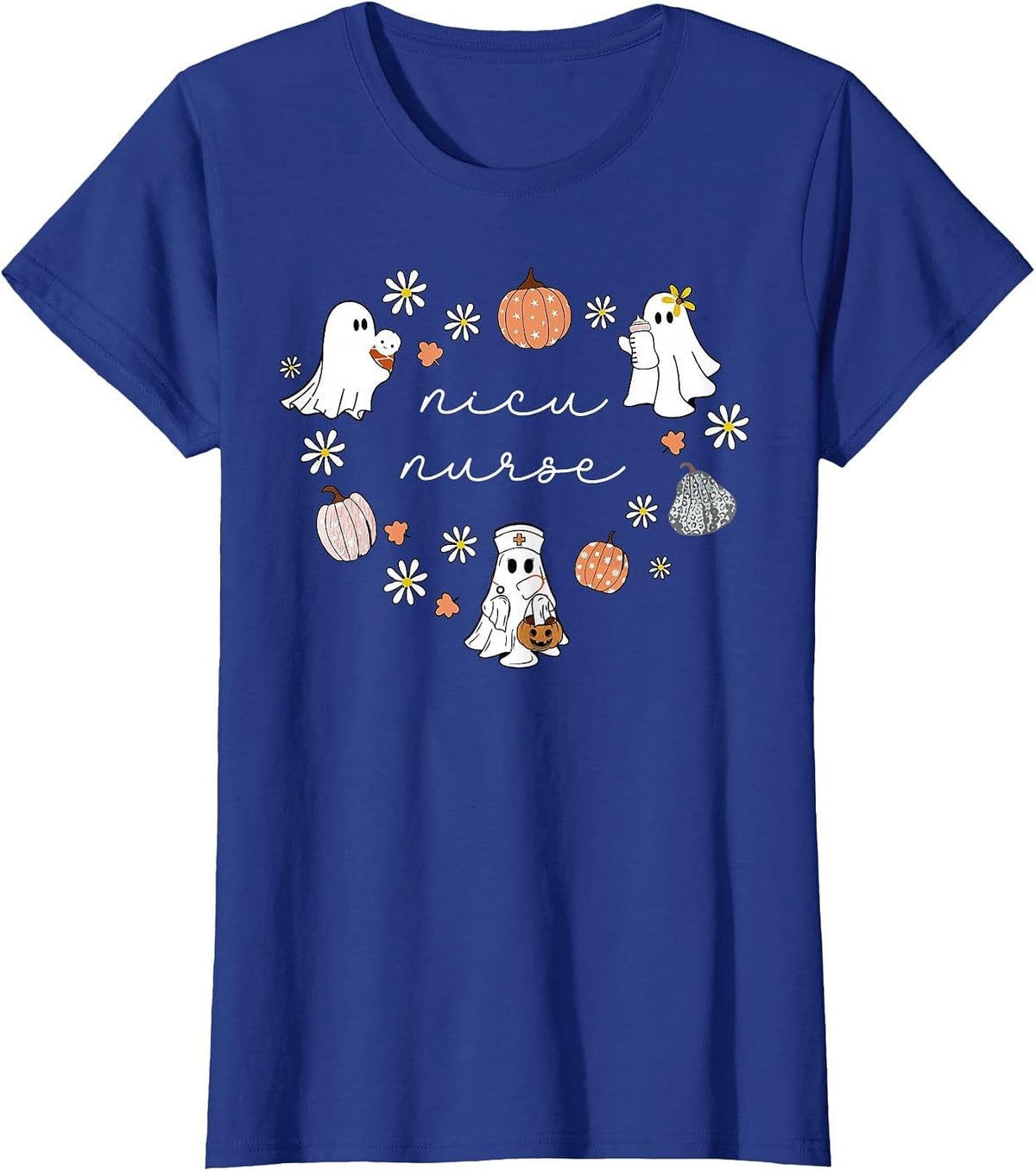 NICU Nurse Halloween Ghosts Pumpkin Floral Fall Neonatal ICU T-Shirt - Royal Blue