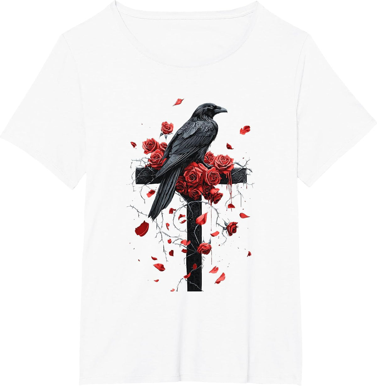 Raven with Roses on Cross Gothic T-Shirt - White