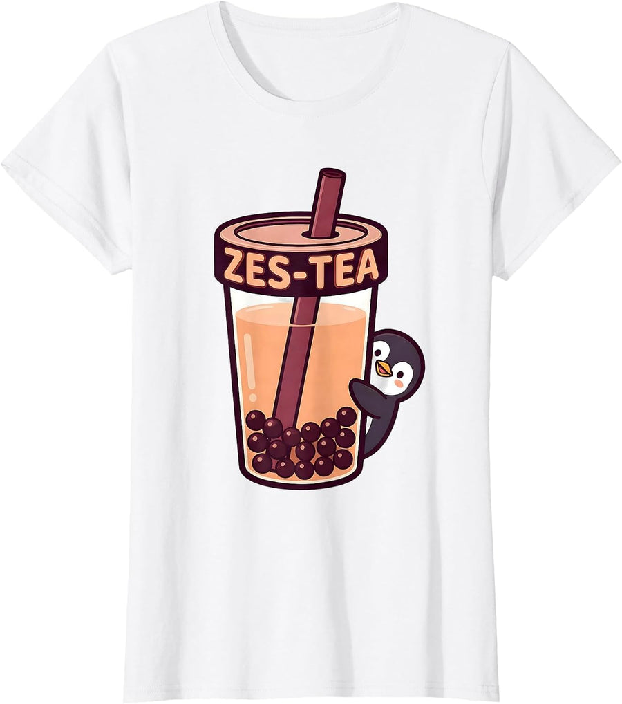 Women's Zes-Tea Cute Kawaii Animal Boba Tea Lover Penguin Anime T-Shirt - White