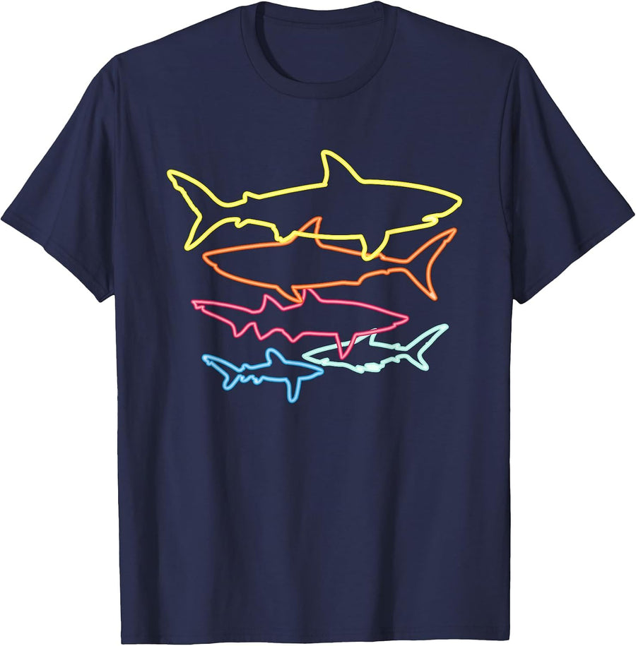 Retro 80s Shark Clothes Shark Party Kids Women Men Sharks T-Shirt - Navy Blue
