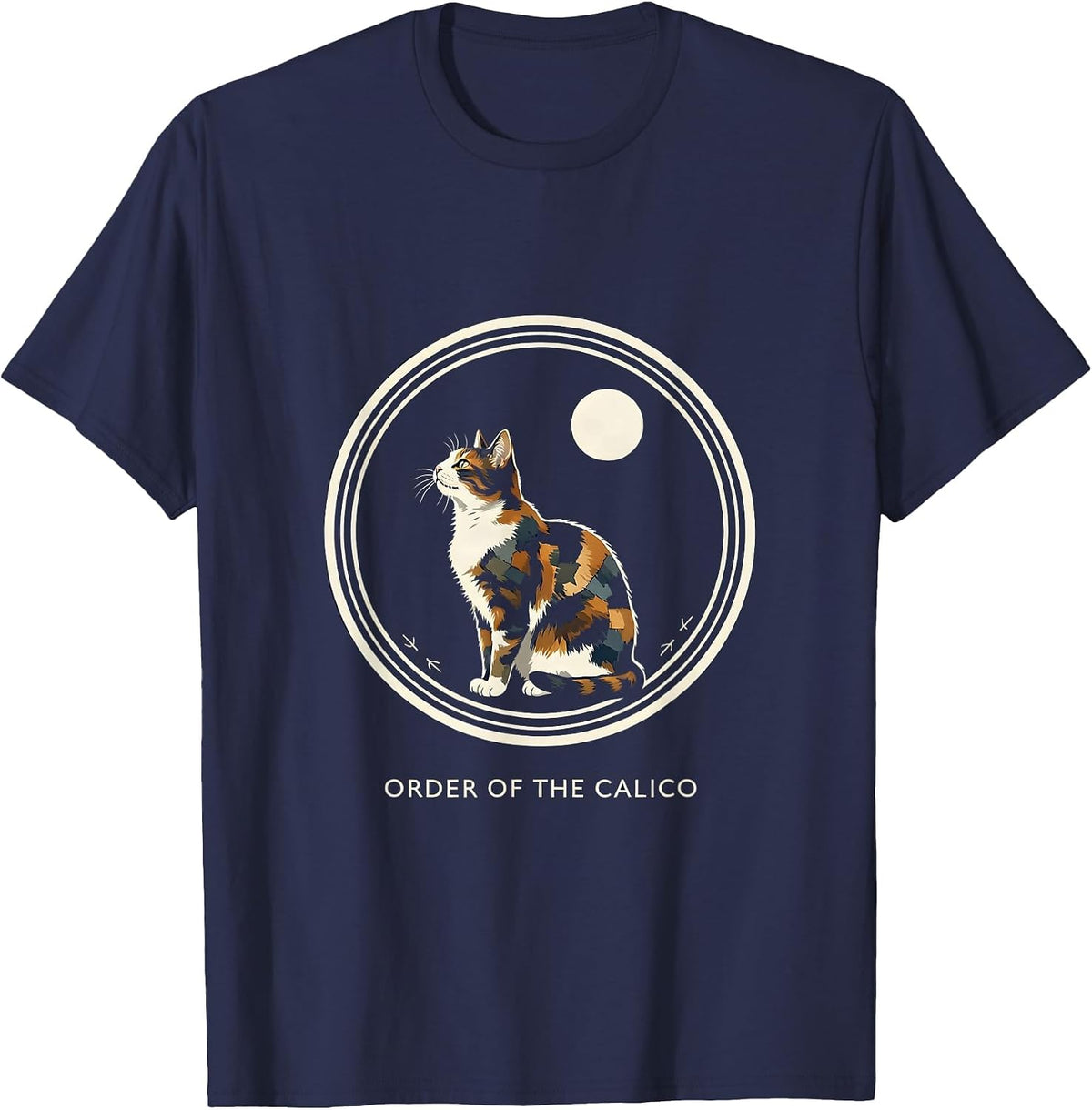 Men's Order Of The Calico Funny Calico Cat Howling At Moon Retro T-Shirt - Navy Blue