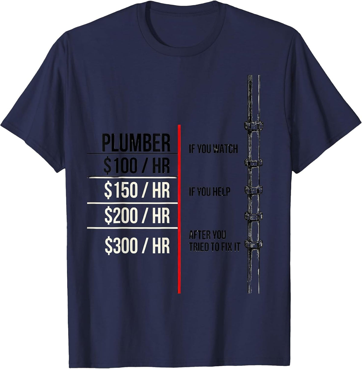 Plumber Hourly Rate Funny Plumbing Joke Gift T-Shirt - Navy Blue