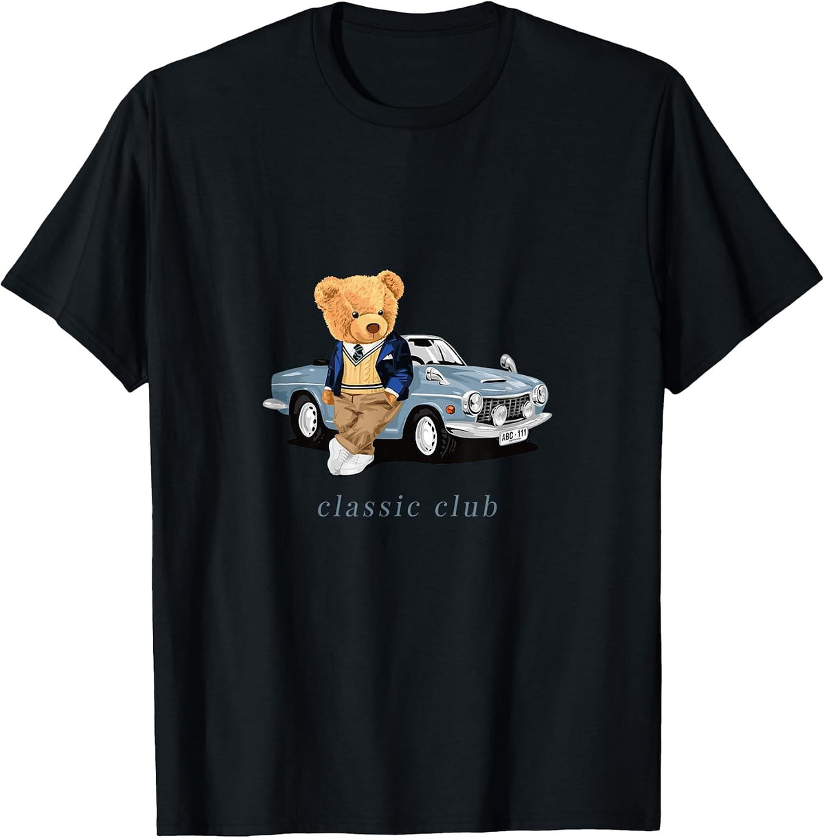 Enjoy Cool Teddy Bear with Classic Car Graphic Designs Fun T-Shirt - Black