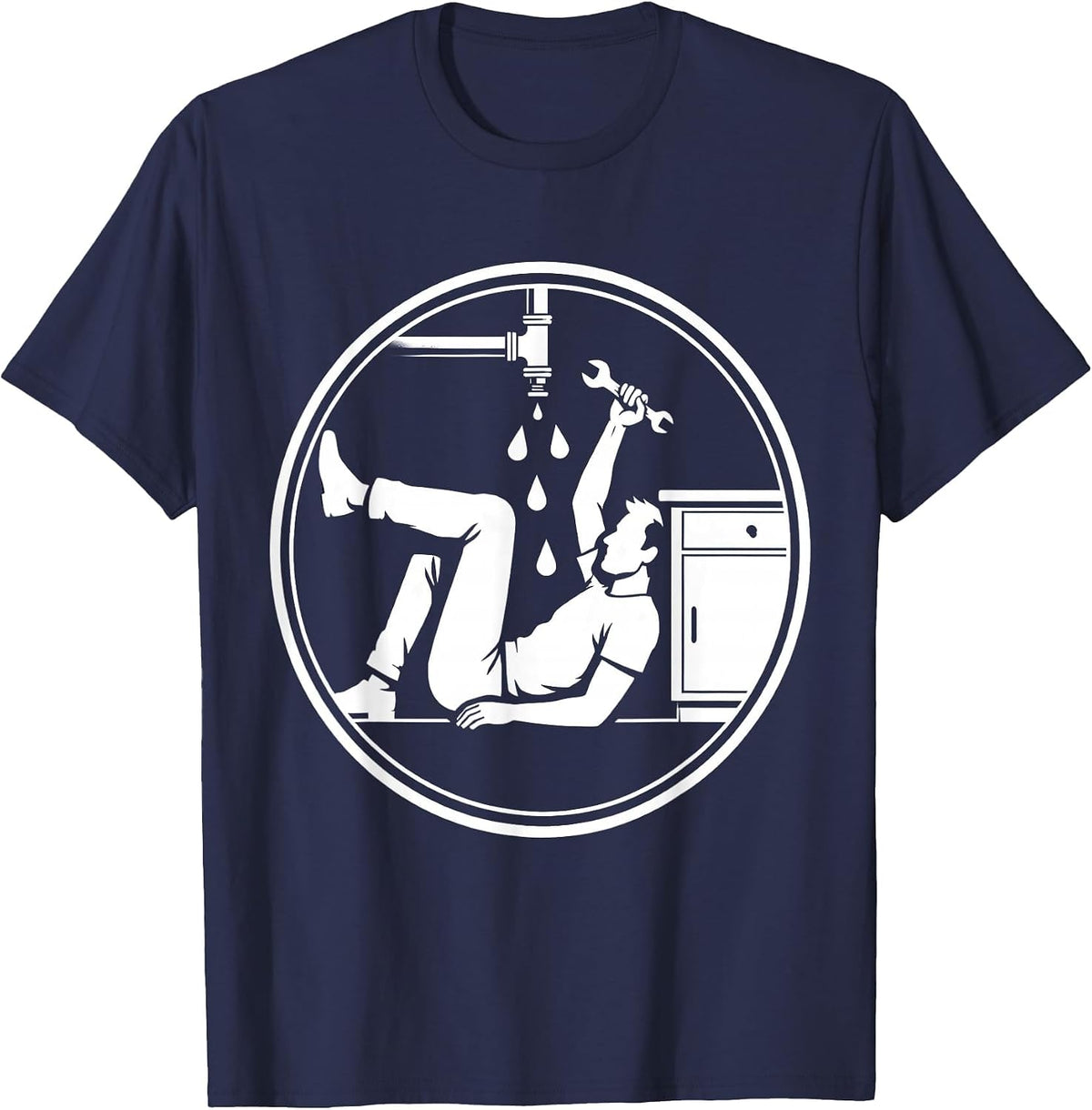 Dad Fixes Leaky Pipe Under Sink Illustration T-Shirt - Navy Blue