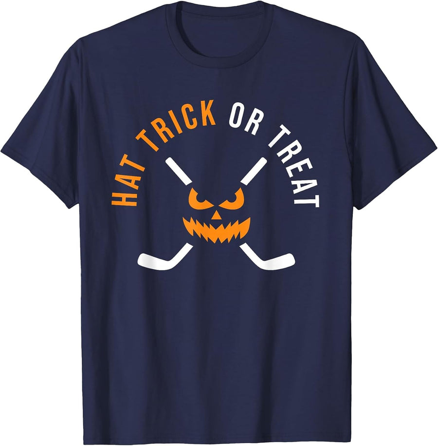 Halloween Hockey Hat Trick Or Treat Ice Hockey Player T-Shirt - Navy Blue