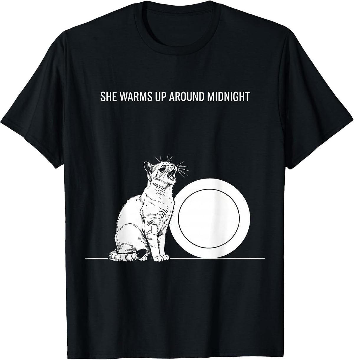 Men's She Warms Up Around Midnight Line Art Cat Howling at Moon T-Shirt - Black