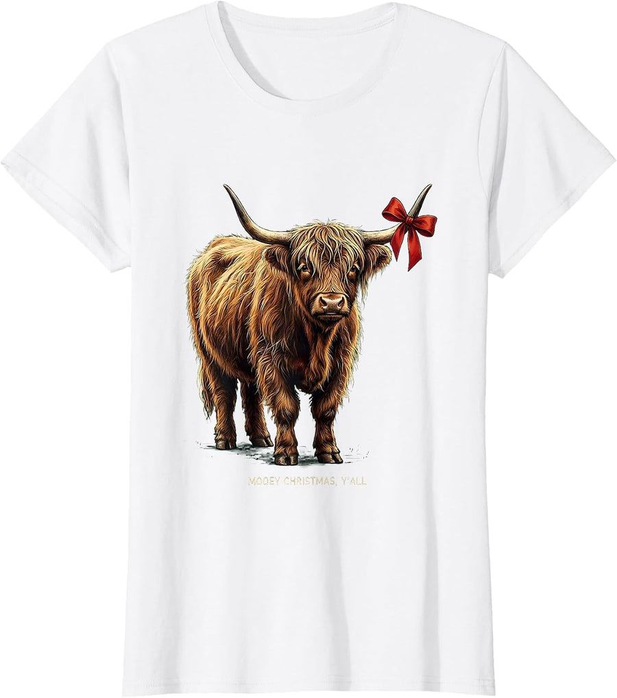 Women's Mooey Christmas, Y'all Funny Highland Cow Farm Humor T-Shirt - White