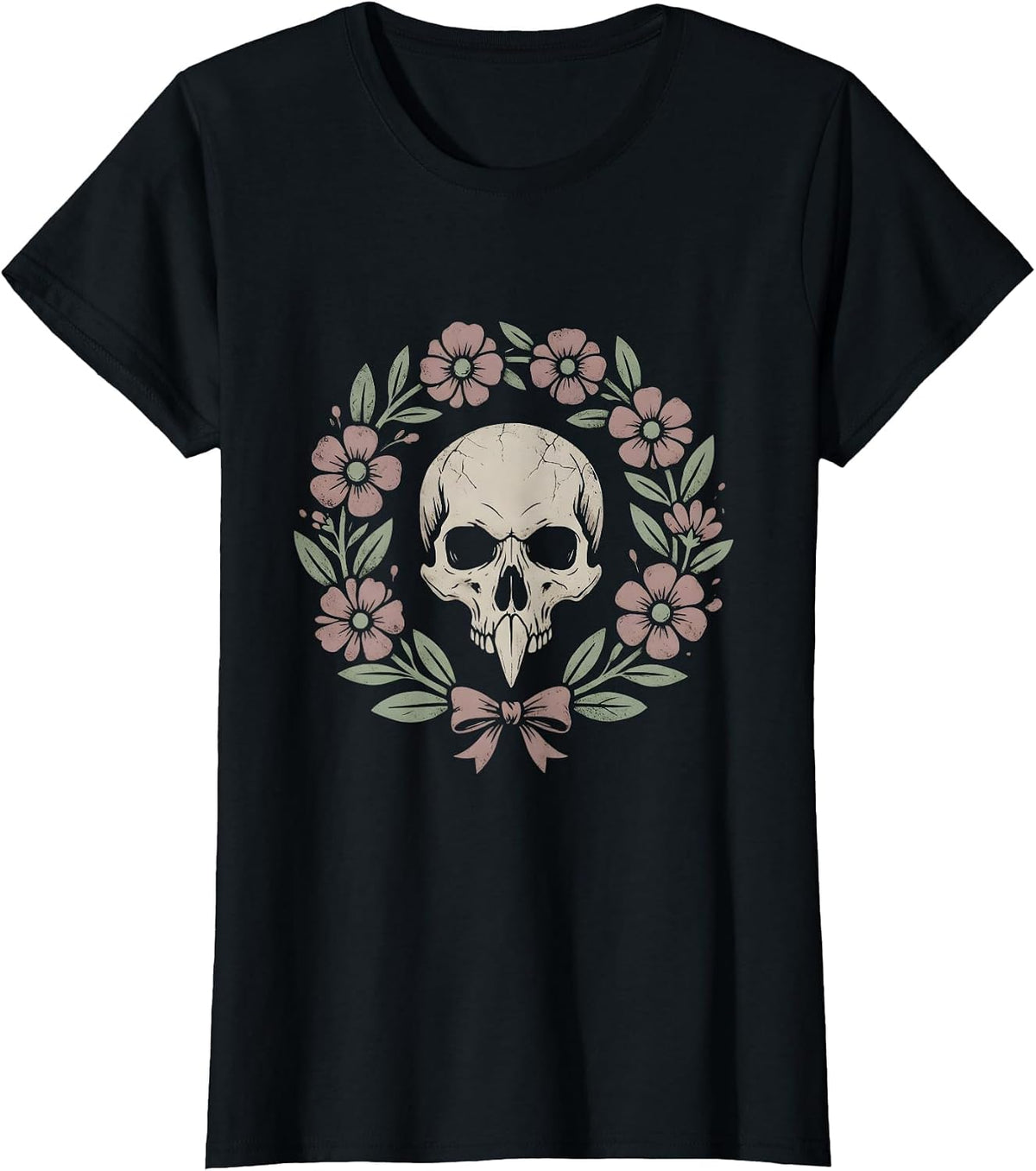Crow Skull Wildflowers Halloween Gothic Floral Art T-Shirt - Black