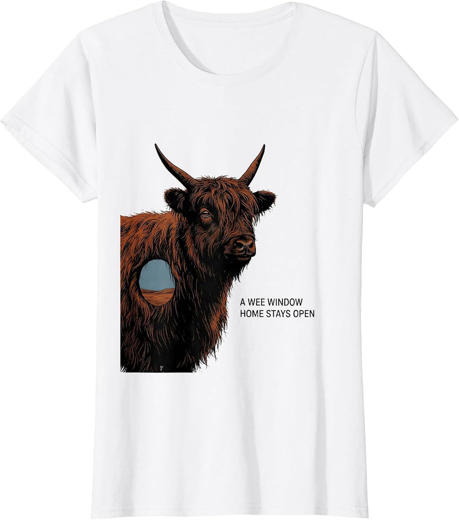 Women's A Wee Window Home Stays Open Cute Highland Cow Scottish T-Shirt - White