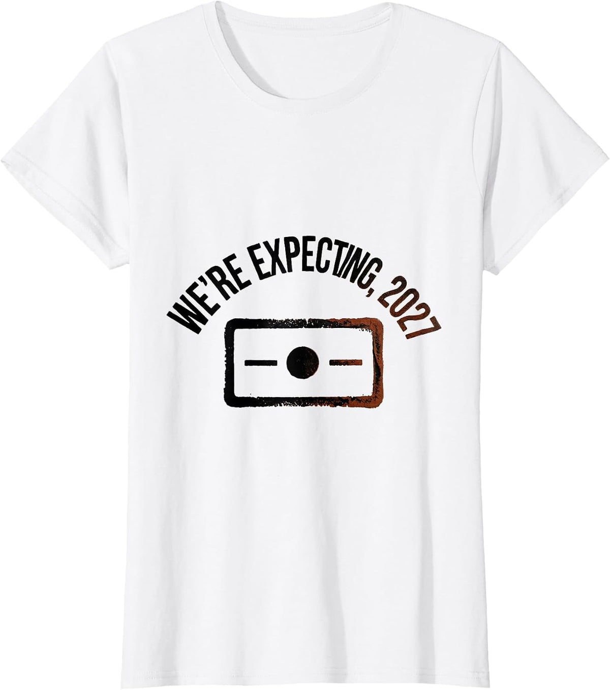 We're Expecting, 2027 Rubber Stamp Pregnancy Announcement T-Shirt - White