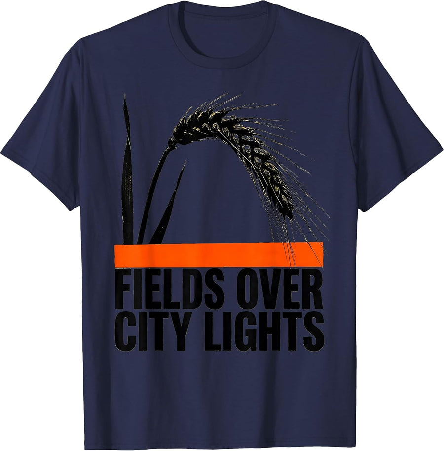 Fields Over City Lights Country Life Design T-Shirt - Navy Blue