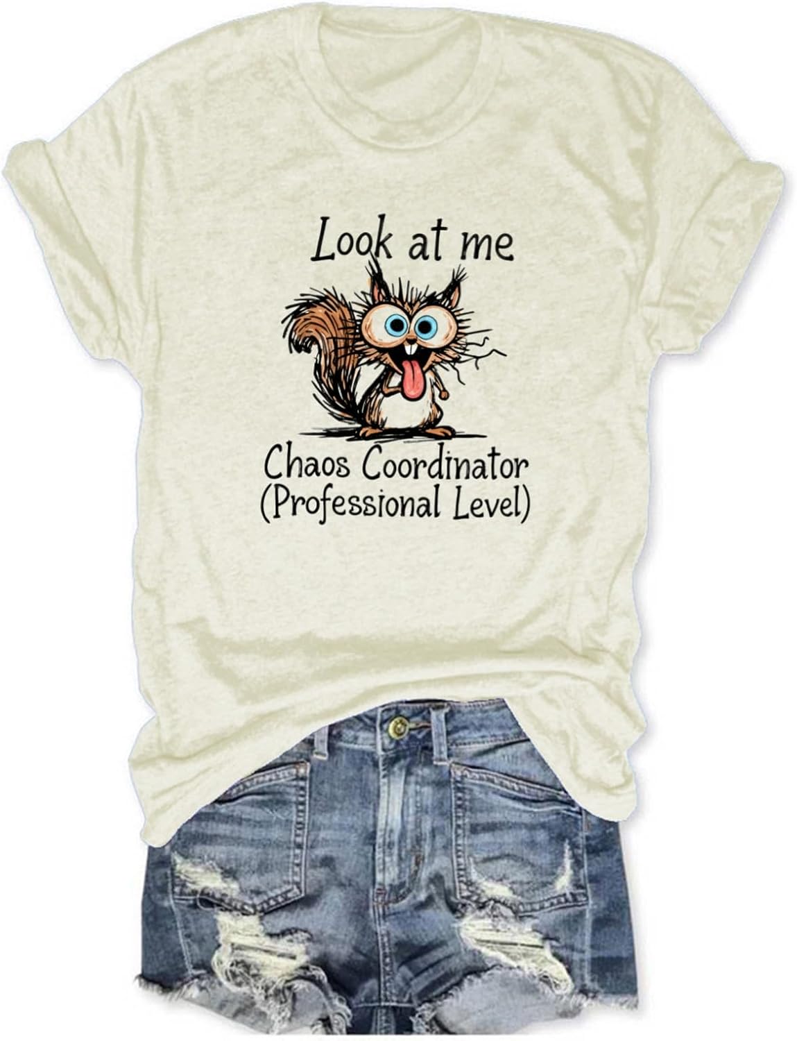 Women's Funny Chaos Coordinator Squirrel Graphic Tees Short Sleeve Tops - Apricot