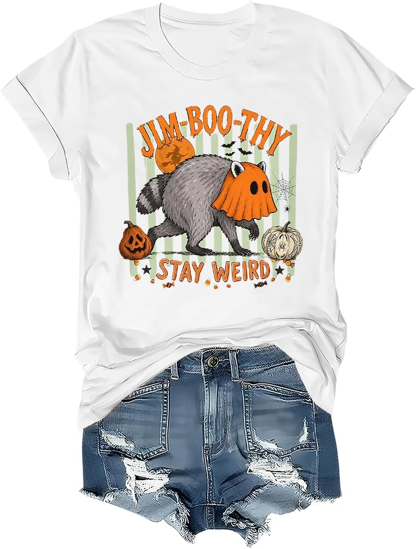 Jim-Boo-Thy Shirt, Jimothy Raccoon Halloween Viral Trash Panda Tee - Crew Neck White-1