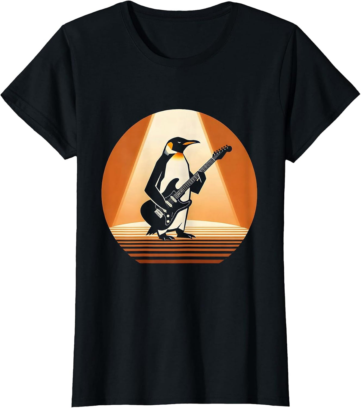 Women's Penguin Rock Star Electric Guitar Stage Design T-Shirt - Black