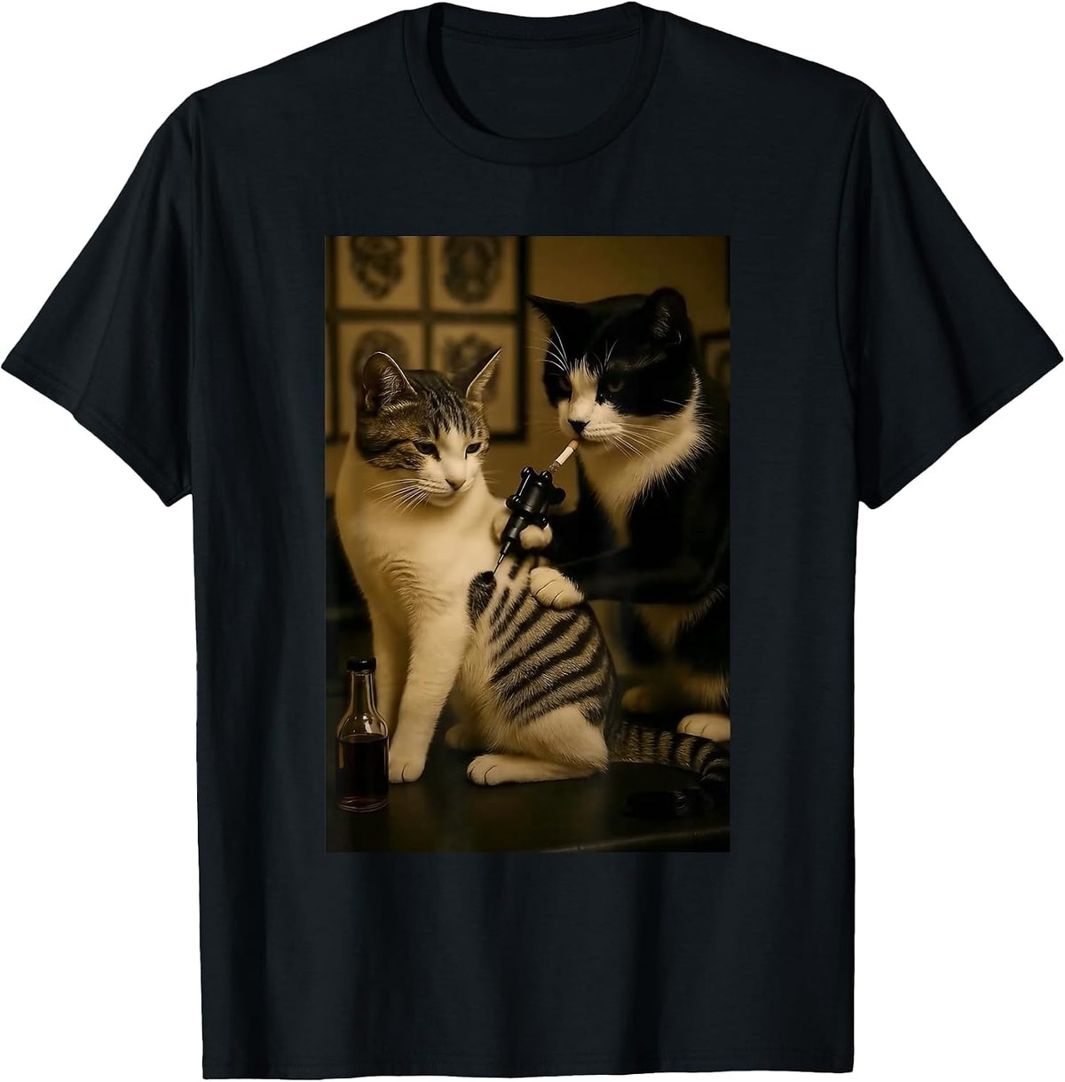 Vintage Cat Smoking Tattoo Inked Kitty Artist Funny Meme T-Shirt - Black