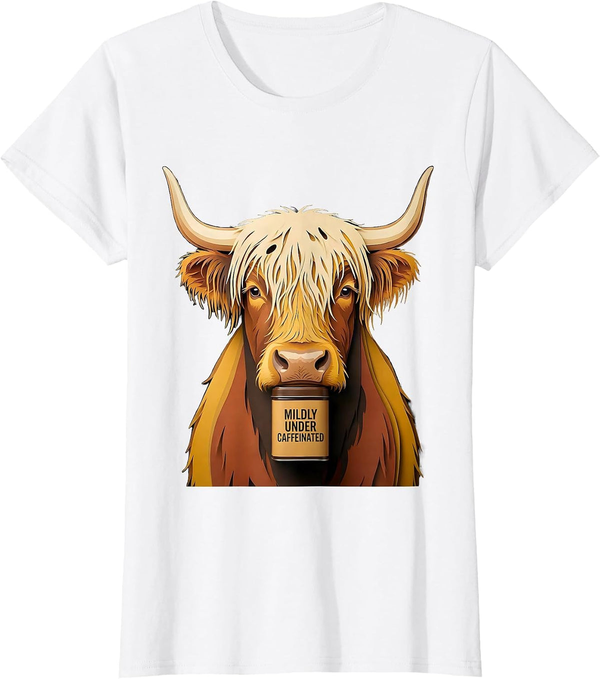 Women's Mildly Under Caffeinated Highland Cow Funny Cute Coffee T-Shirt - White