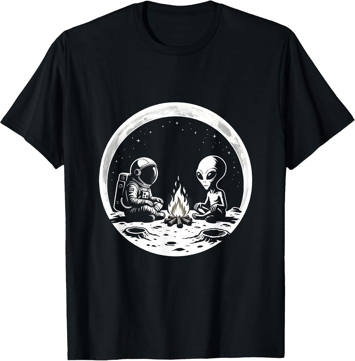 Men's Astronaut and Alien Campfire on the Moon T-Shirt - Black