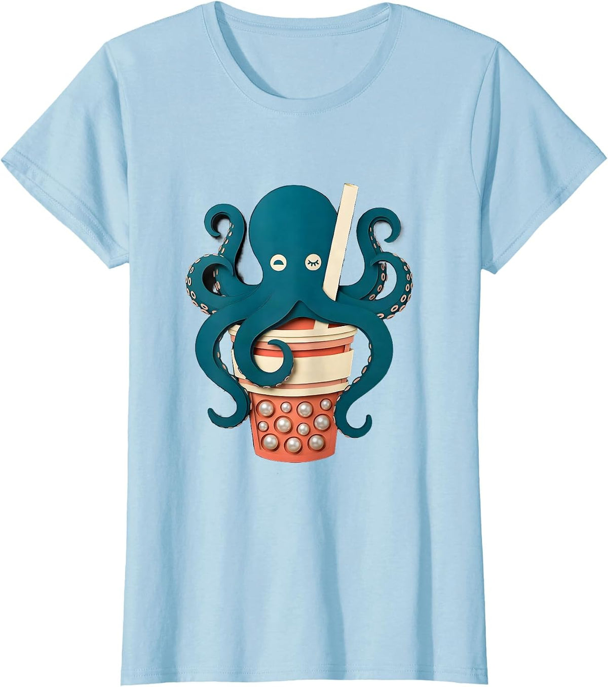 Sleepy Octopus Kawaii Boba Tea Lover T-Shirt - Baby Blue