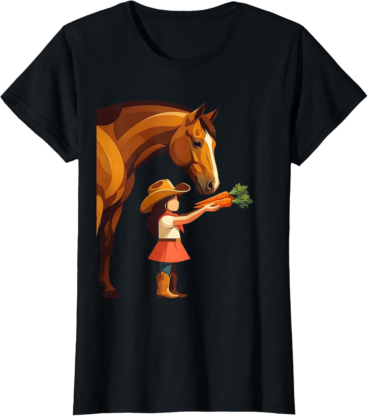 Cowgirl Feeding Horse Carrots Graphic Tee T-Shirt - Black