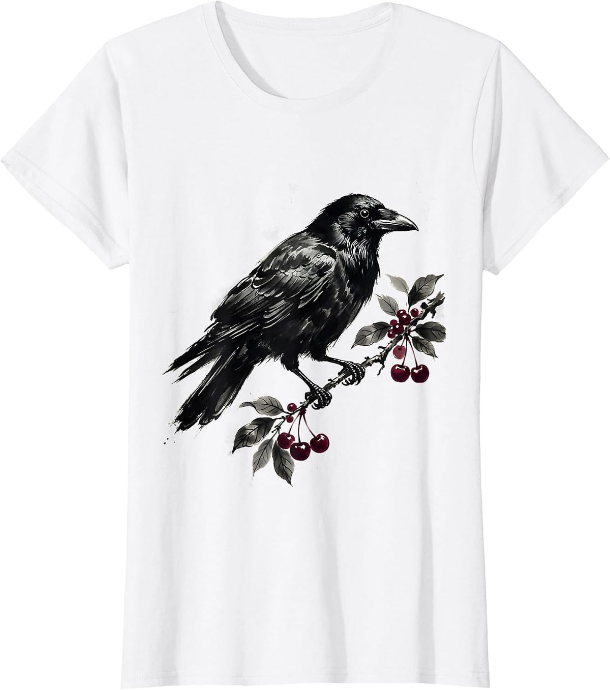 Women's Crow Carrying Coffee Cherry Branch T-Shirt - White