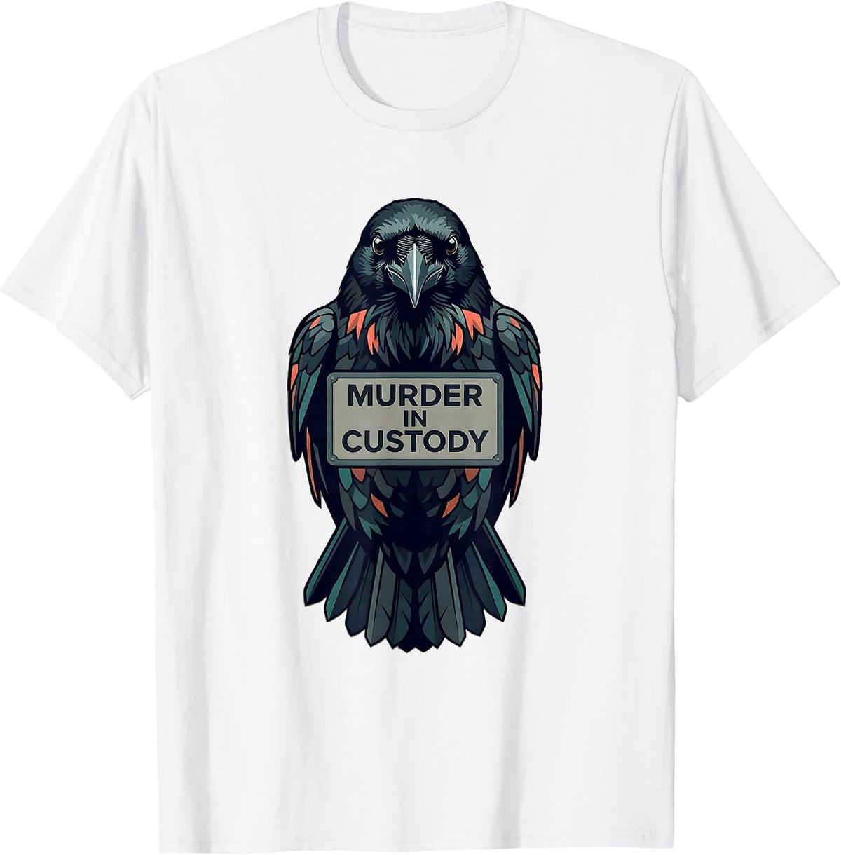 Men's MURDER IN CUSTODY Dark Humor Crow Lover Gothic Bird Pun T-Shirt - White