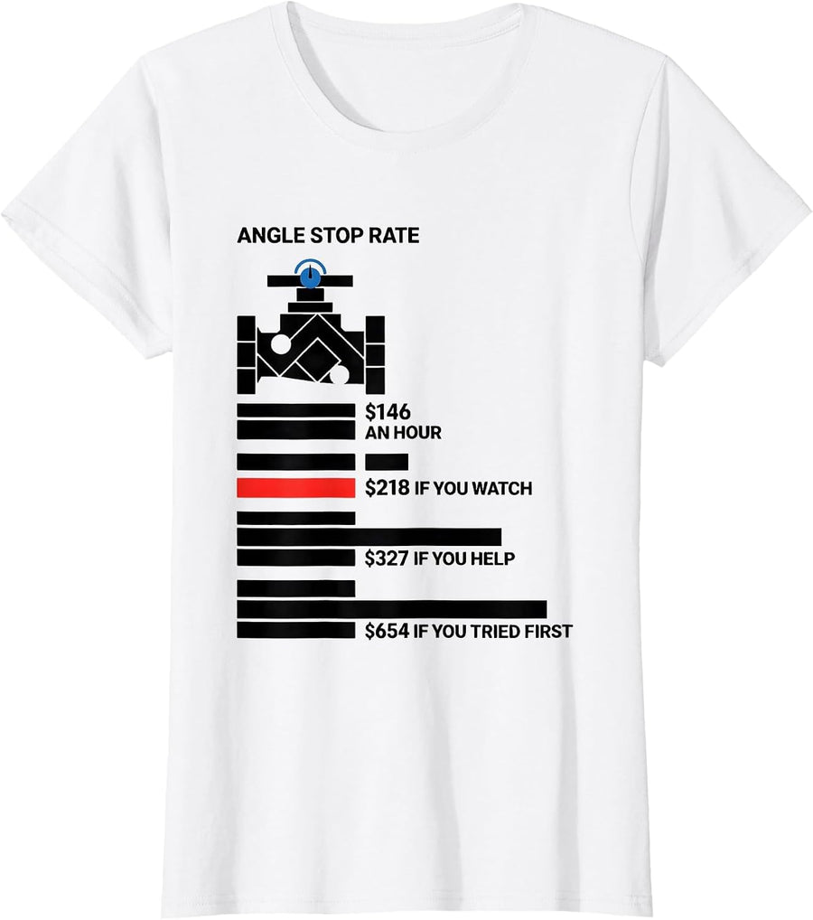Women's ANGLE STOP Rate Funny Plumber Hourly Wage Trade Humor T-Shirt - White