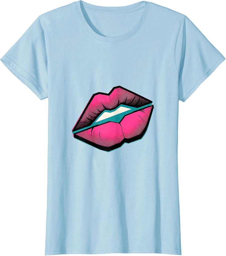 Women's Paired-Lobe Lip Risograph Flirty Romance Gift T-Shirt - Baby Blue