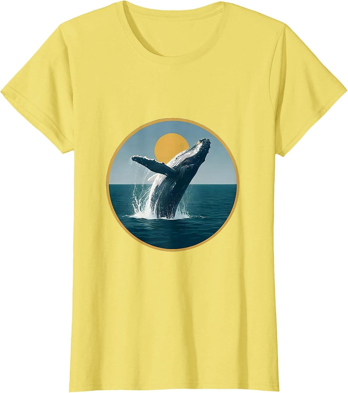 Whale Breaching Ocean Surface Sunlit Illustration T-Shirt - Lemon Yellow