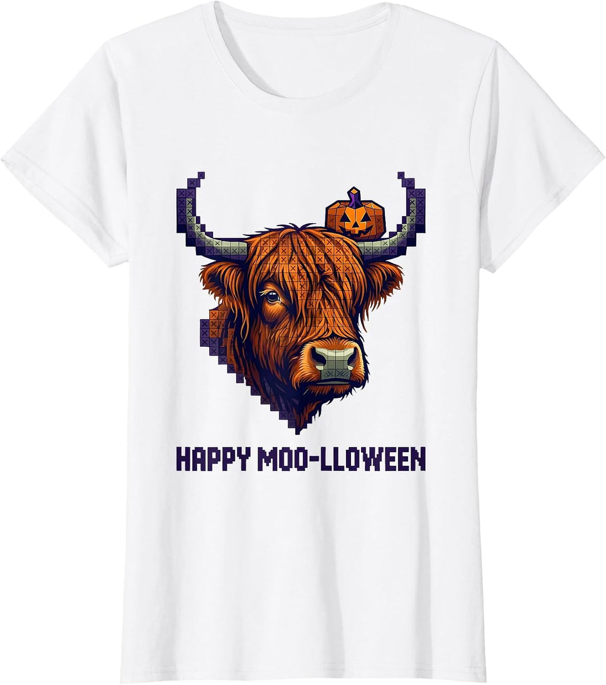 Women's Happy Moo-lloween Cross Stitch Sampler Highland Cow Holiday T-Shirt - White