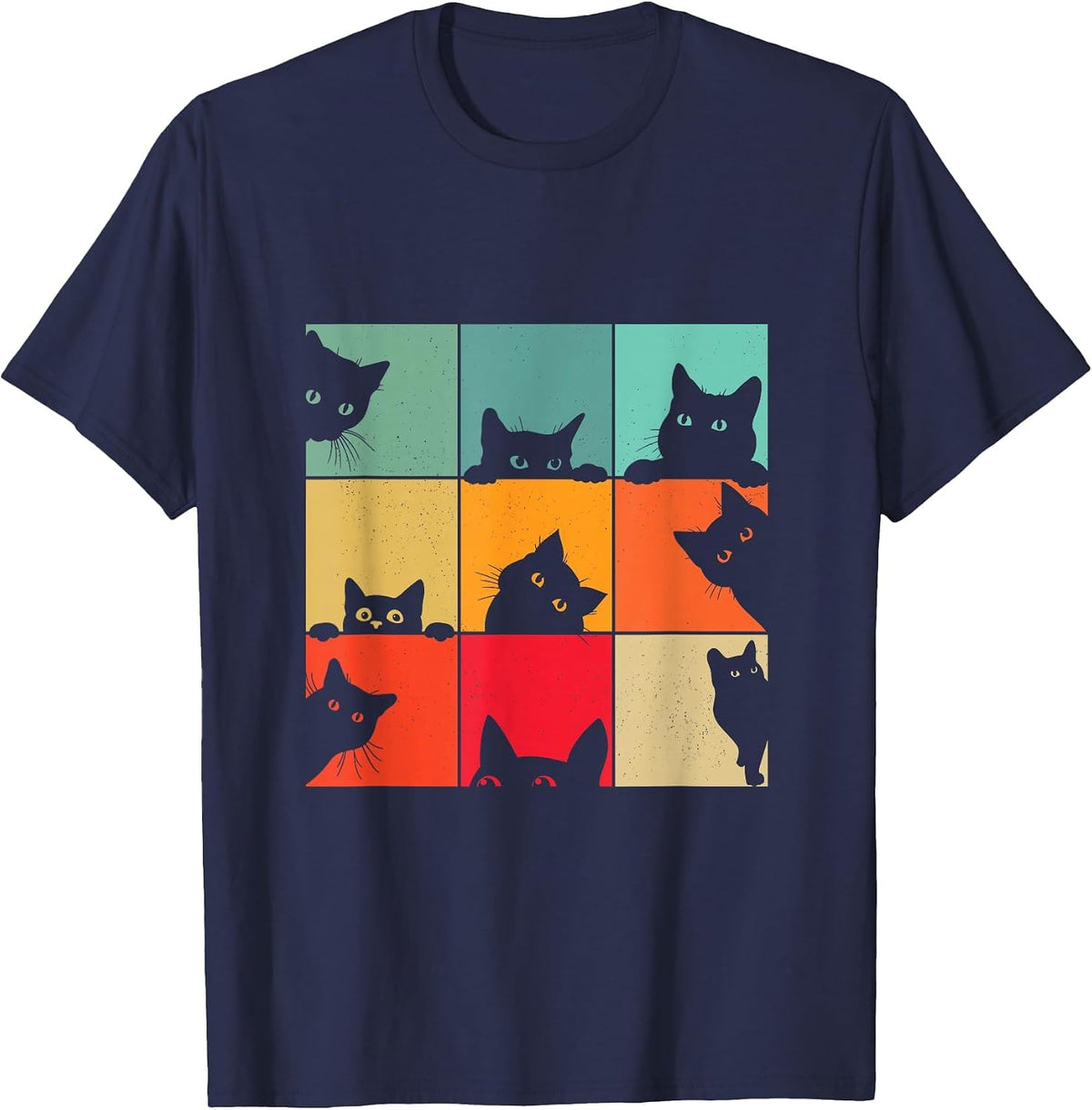 Funny Retro Vintage Curious Black Cat for Cats Lover T-Shirt - Navy Blue