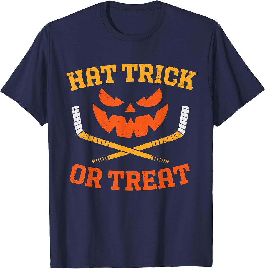 Funny Ice Hockey Pumpkin Halloween Mens Boys Teens Kids T-Shirt - Navy Blue
