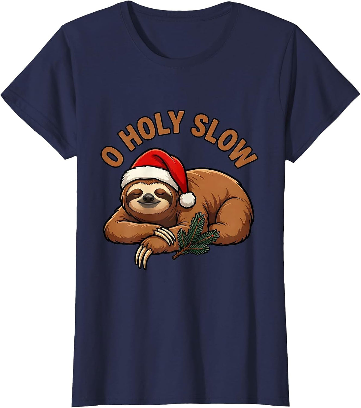 Women's O Holy Slow Funny Sloth Lover Christmas Ugly Sweater Humor T-Shirt - Navy Blue