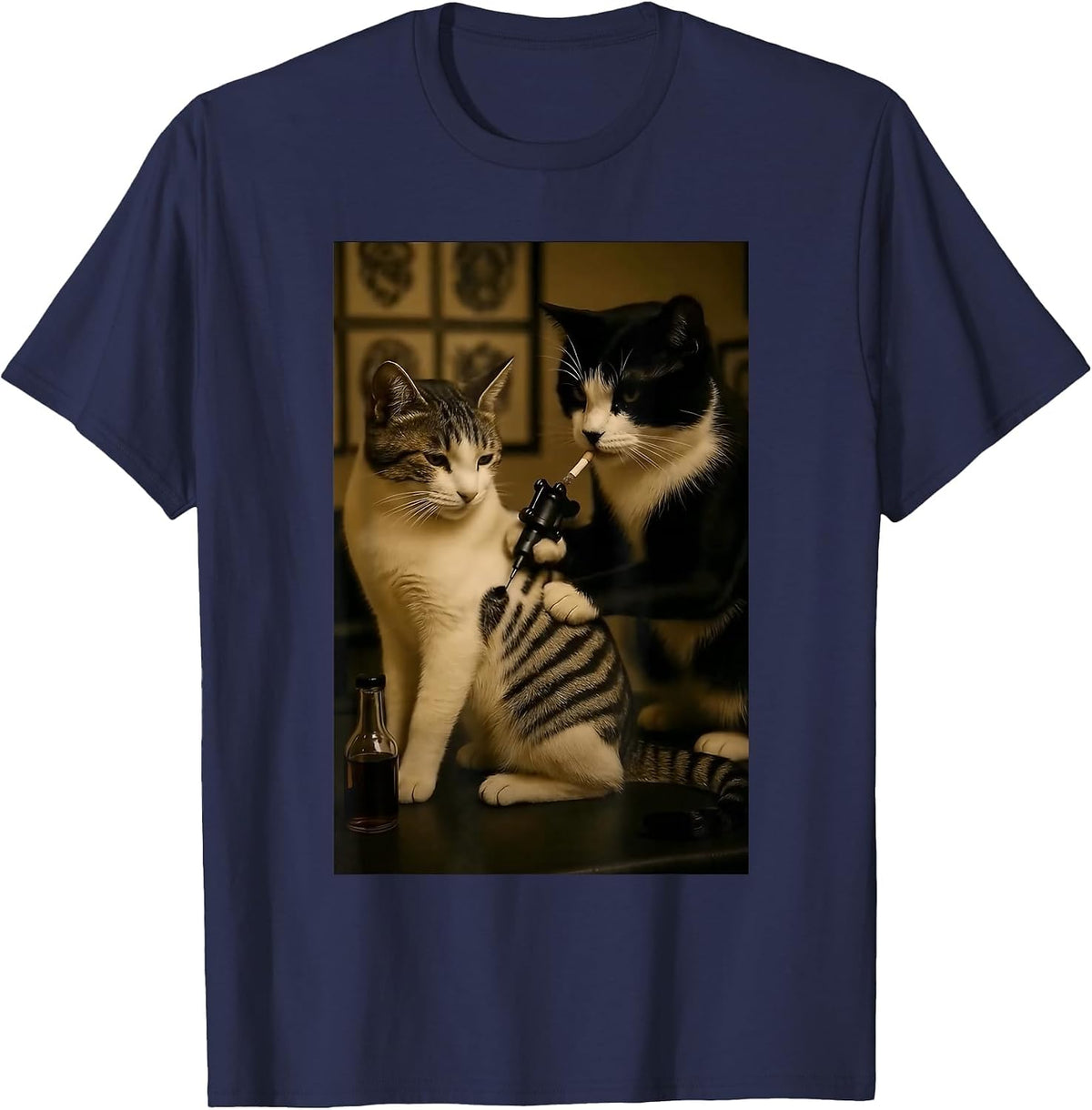 Vintage Cat Smoking Tattoo Inked Kitty Artist Funny Meme T-Shirt - Navy Blue
