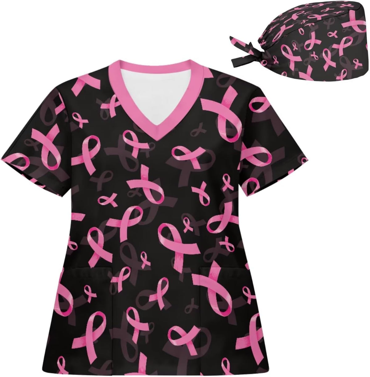 2 Piece Scrub Top and Cap Sets for Women V-Neck Nurse Uniforms Scrubs Shirt Medical Uniforms with Pockets,Size S-5XL - Black