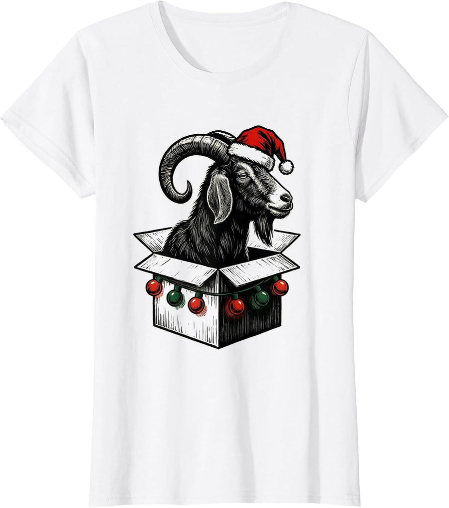 Women's Goat Christmas Lights Linocut Farm Animal Humor T-Shirt - White