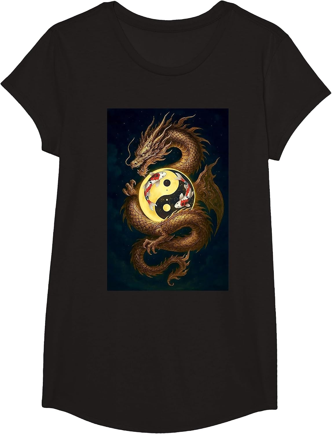 Chinese Dragon Yin and Yang Koi Carp Fish T-Shirt - Girls Black