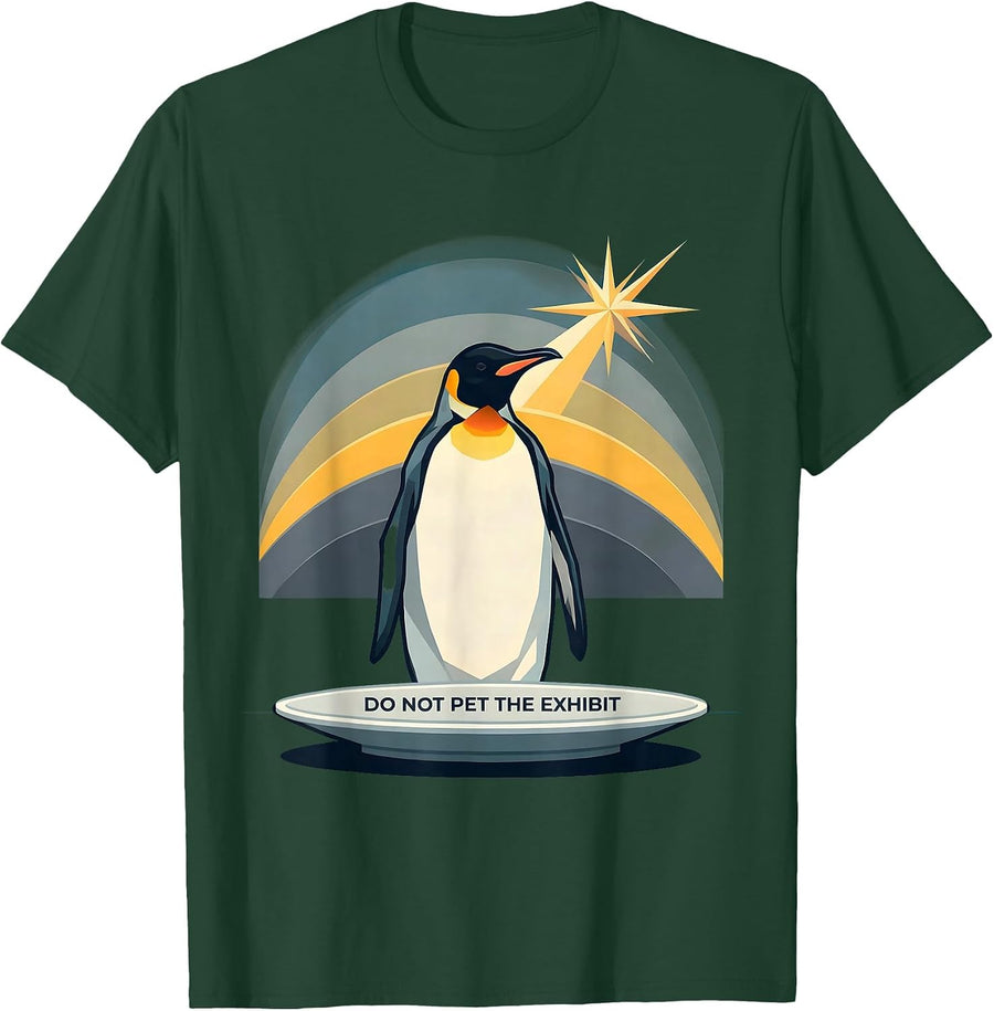 Men's Do Not Pet The Exhibit Funny Penguin Van Gogh Art Parody T-Shirt - Dark Green