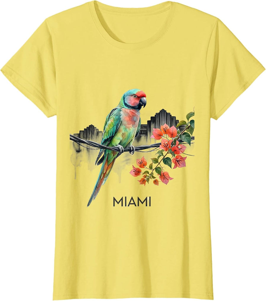 Women's MIAMI Watercolor Monk Parakeet Vintage Florida Souvenir T-Shirt - Lemon Yellow