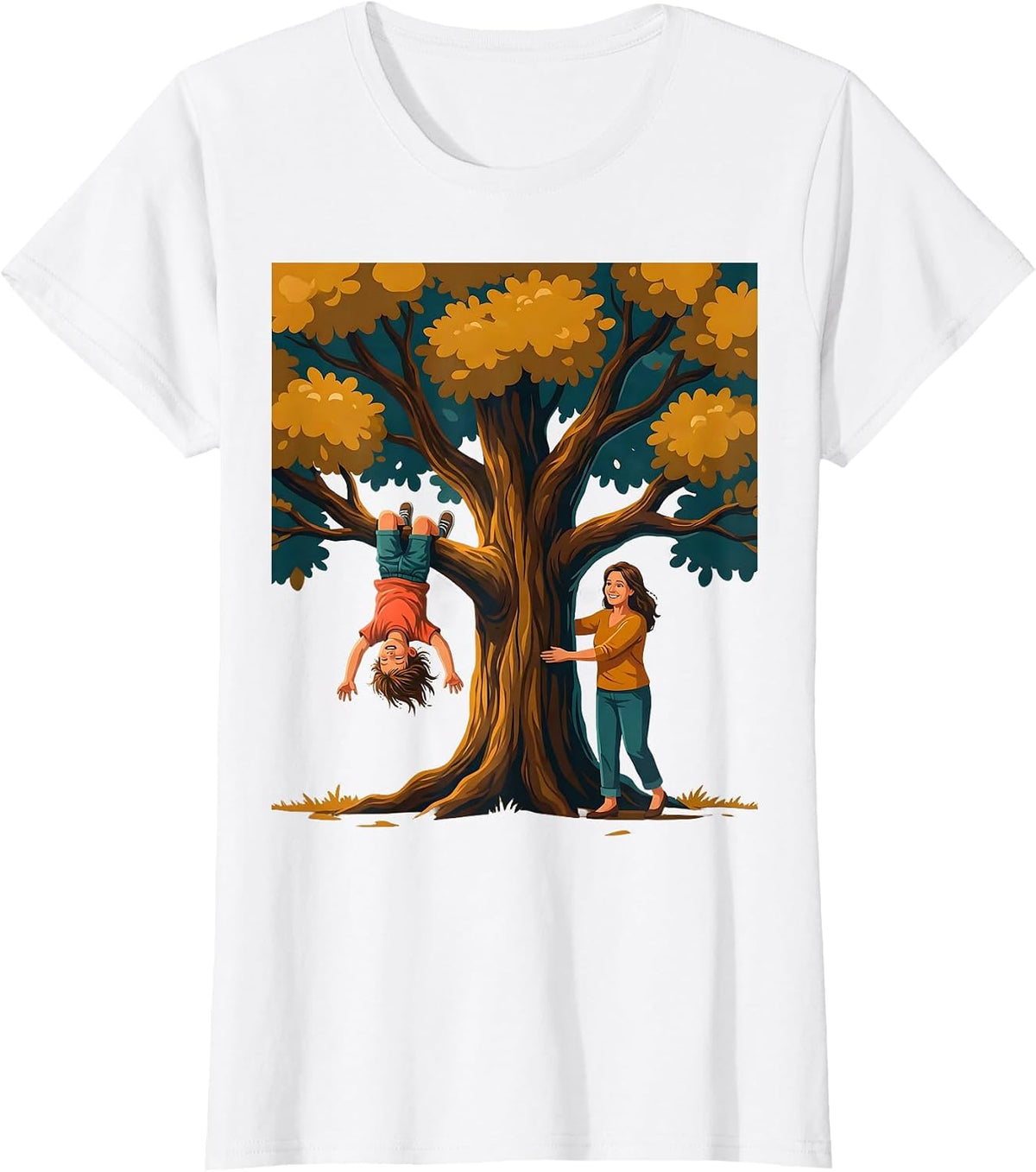 Women's Boy Mom Upside Down Tree Climbing Illustration T-Shirt - White