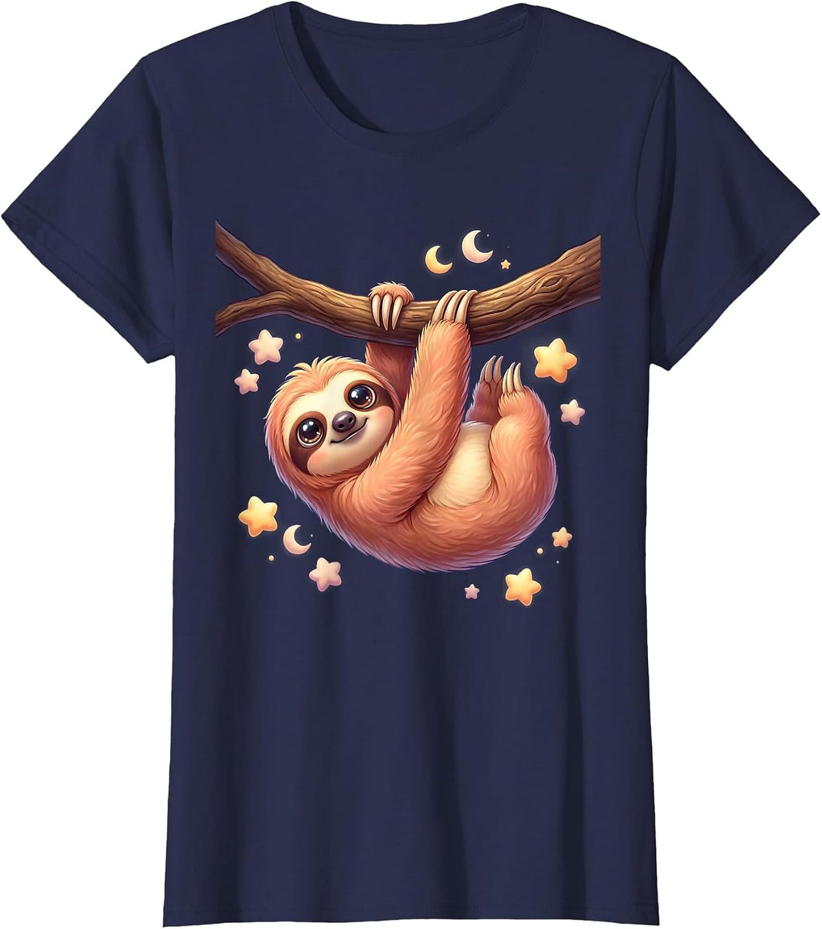 Women's Sloth Hanging From Branch Under Starry Night Sky T-Shirt - Navy Blue
