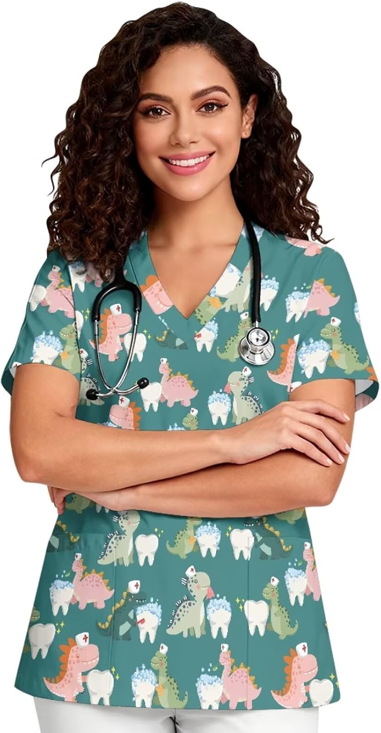 PinUp Angel Women's Cute Funny Graphic Scrub Top V-Neck Short Sleeve with Pockets Lightweight Workwear for Nurses - Dinosaur