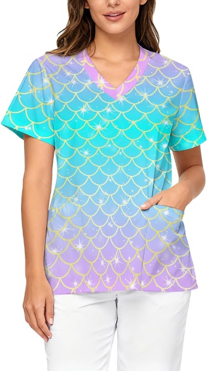 Scrub Tops for Women V Neck Nurse Workwear Uniforms 2 Pockets - Dreamy Mermaid Scale