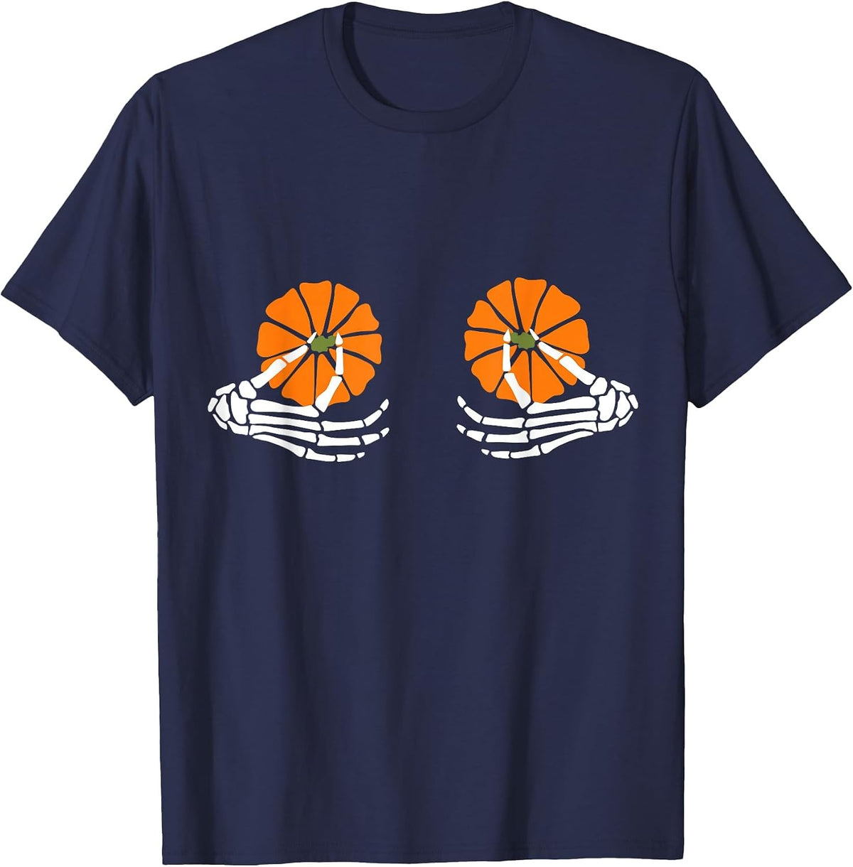Breasts Pumpkin Skeleton Hand Halloween T-Shirt - Navy Blue